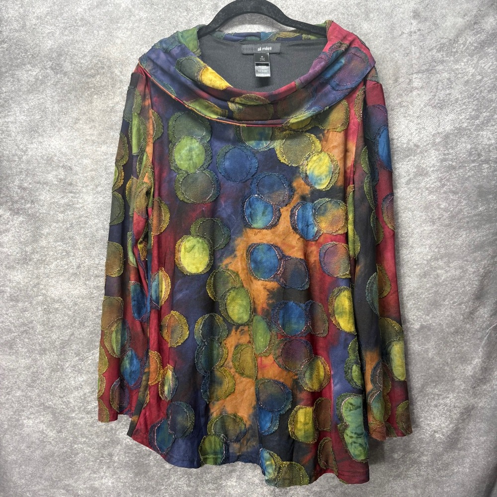 Ali Miles Multicolor Geometric Textured Cowl Neck Tunic Top Size M Artsy Boho